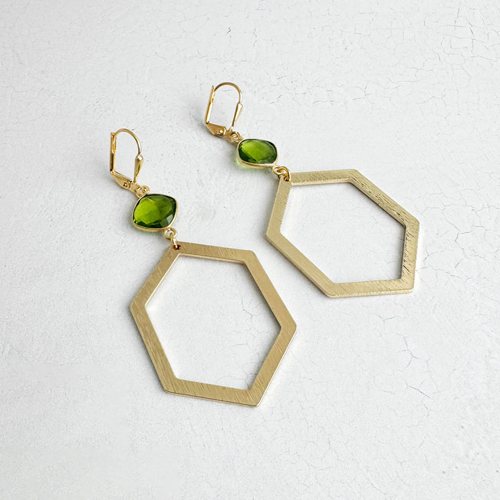 Olive Green Quartz Hexagon Earrings in Brushed Gold