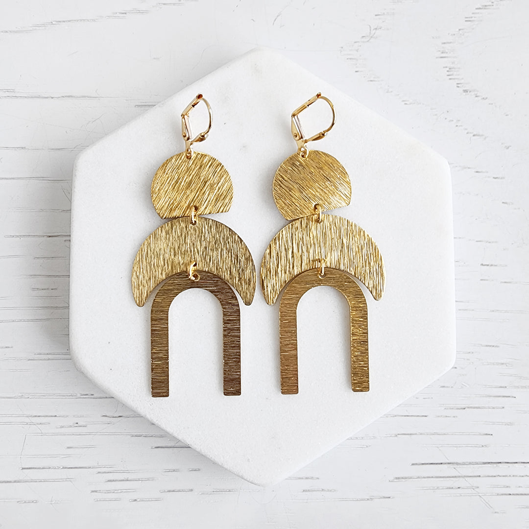 Arch and Crescent Geometric Earrings in Brushed Brass Gold