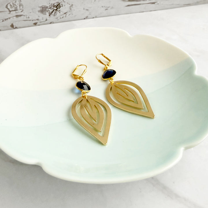 Dark Blue Chalcedony and Inverted Lotus Earrings in Gold