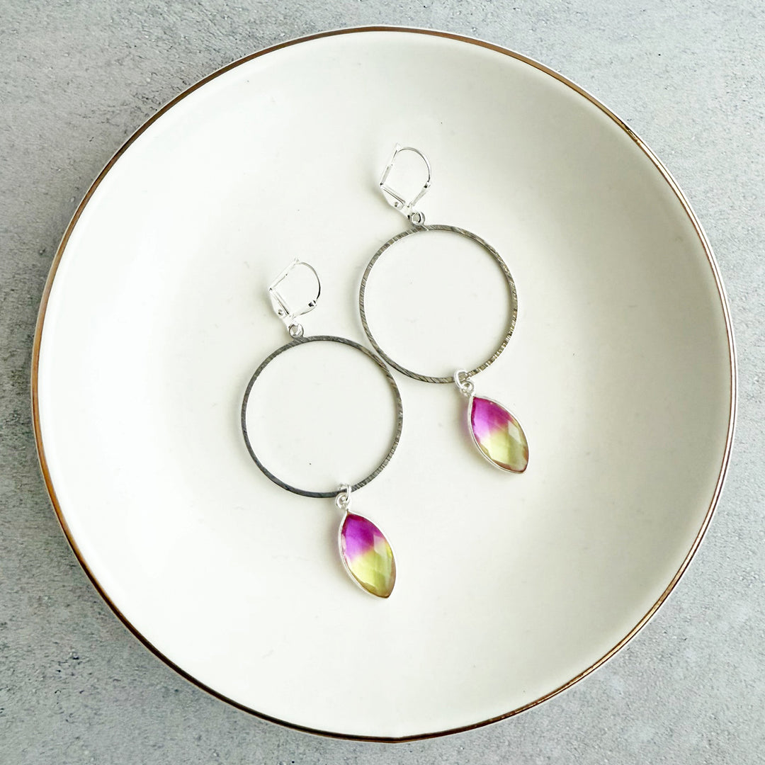 Yellow Pink Aura Quartz Hoop Dangle Earrings in Silver
