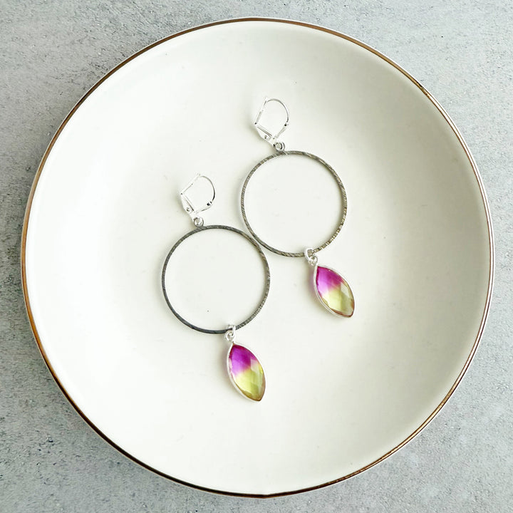 Yellow Pink Aura Quartz Hoop Dangle Earrings in Silver