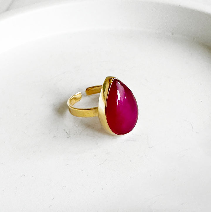 Fuchsia Chalcedony Teardrop Statement Ring in Gold and Silver