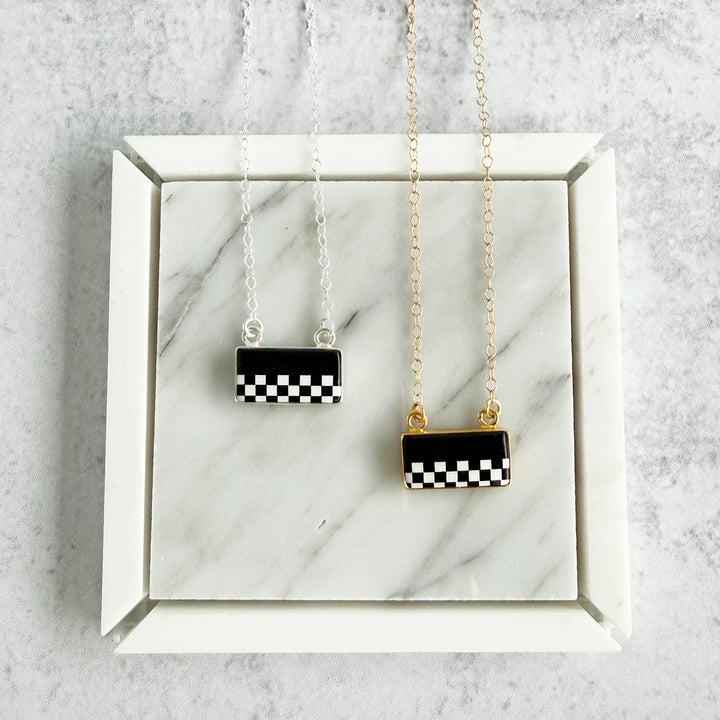 Black and White Checkered Pattern Bar Necklace