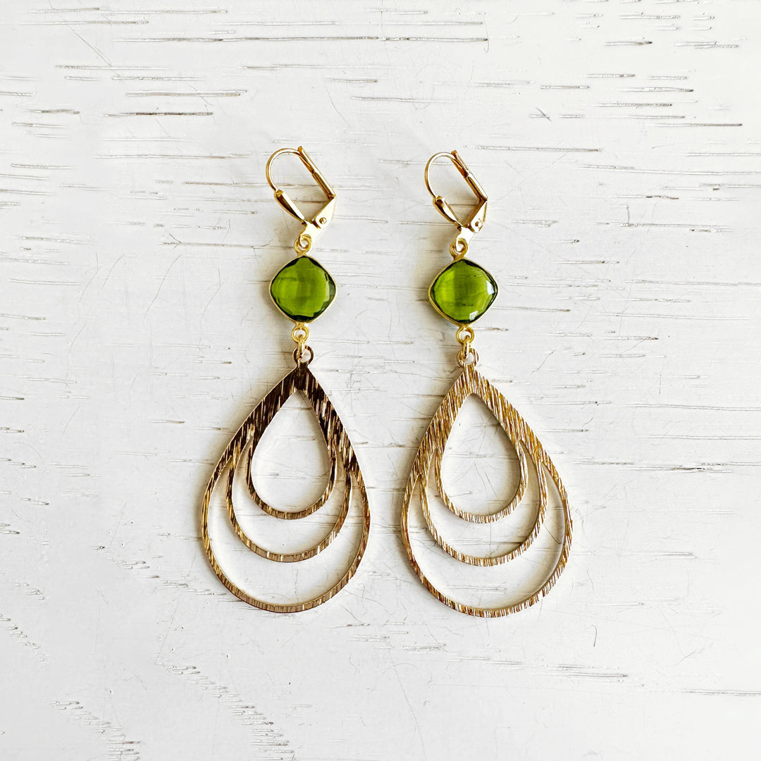 Green Peridot Teardrop Earrings in Brushed Gold