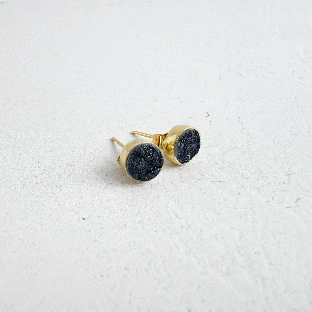 Black Druzy Dot Stud Earrings in Gold and Silver