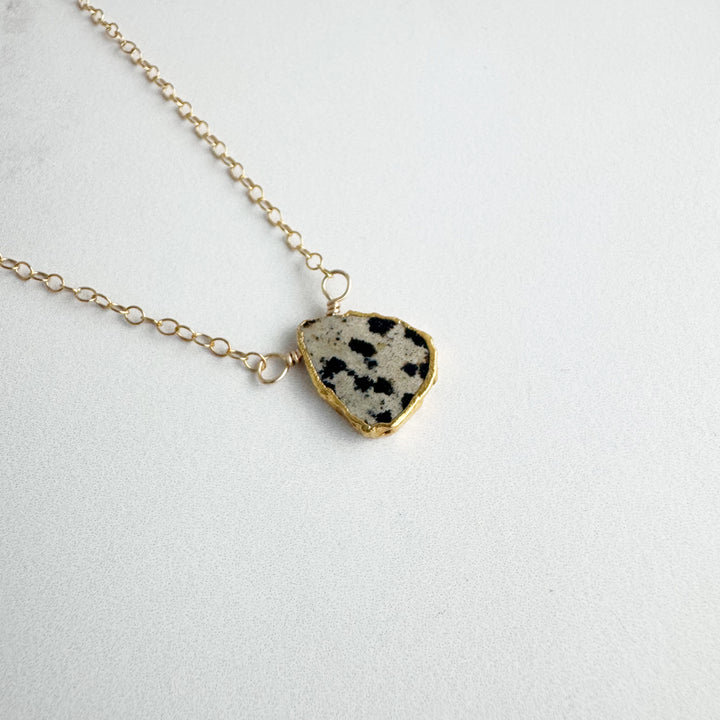 Dalmatian Jasper Gemstone Slice Necklace in Gold