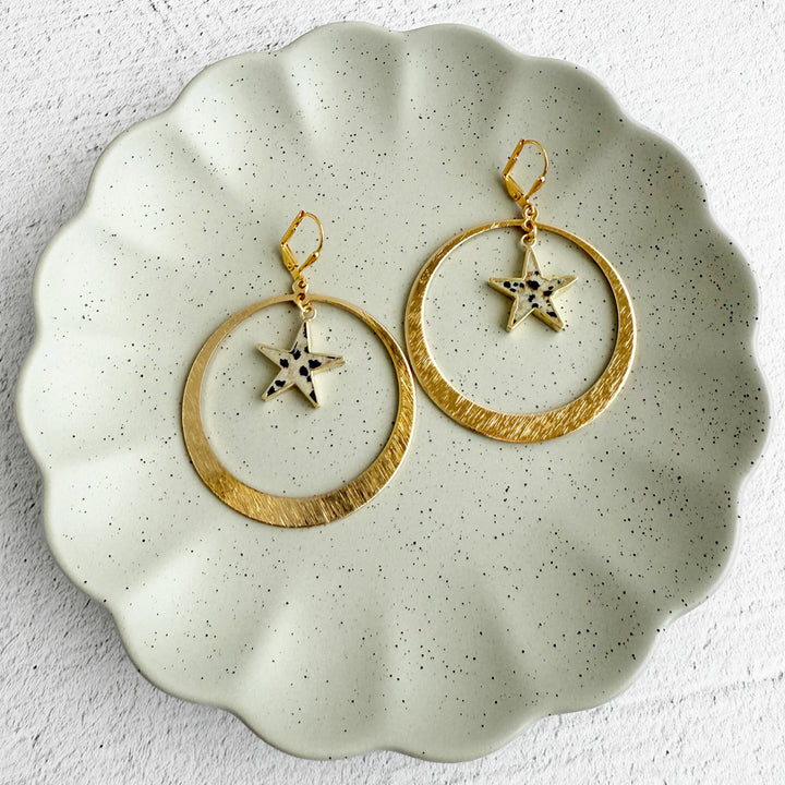 Dalmatian Jasper Star Dangle Hoop Earrings in Brushed Gold