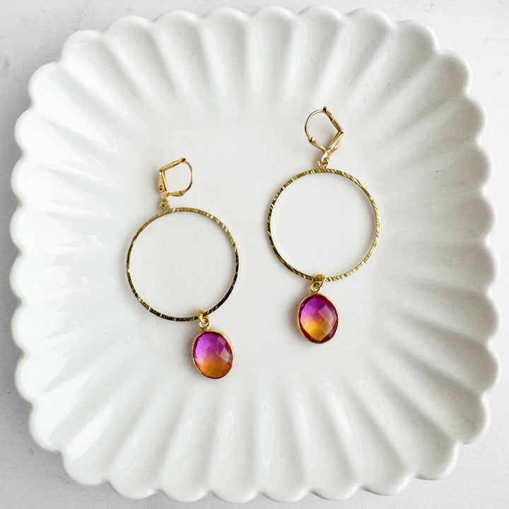 Pink Orange Aura Quartz Hoop Dangle Earrings in Gold