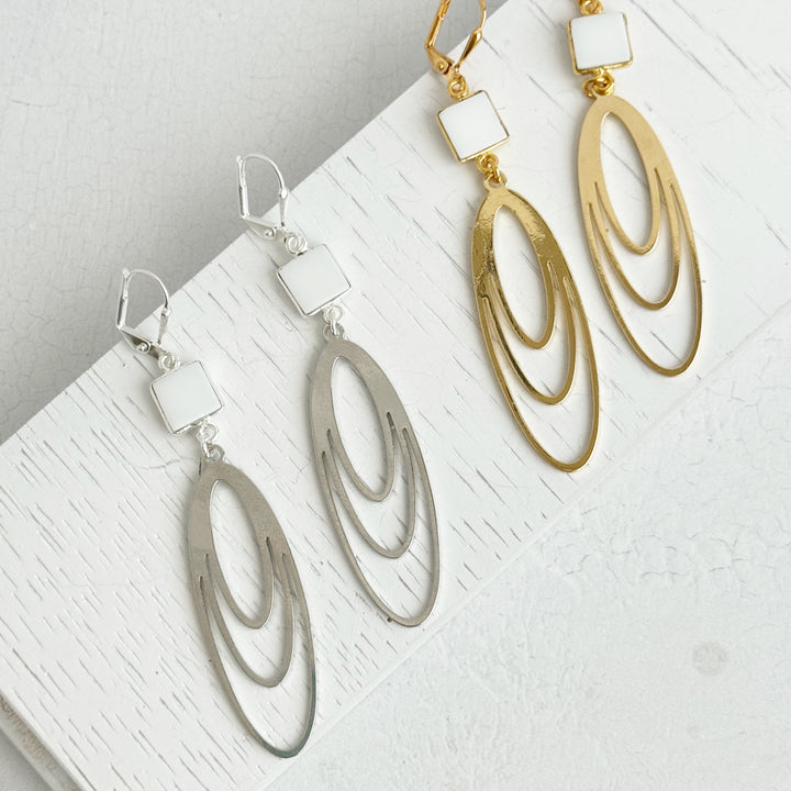 Long Layered Oval Earrings with White Agate Stones in Silver or Gold