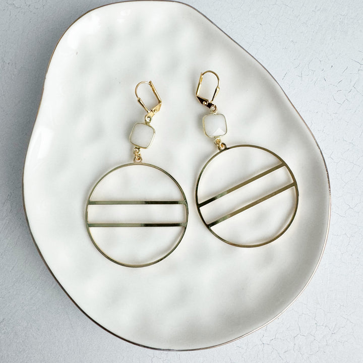 Geometric Hoop Earrings with White Quartz Stones