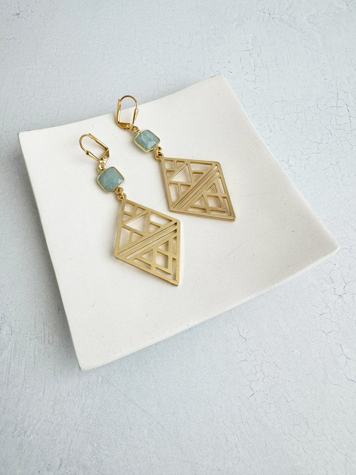 Gold Patterned Diamond Statement Earrings with Aquamarine Stones