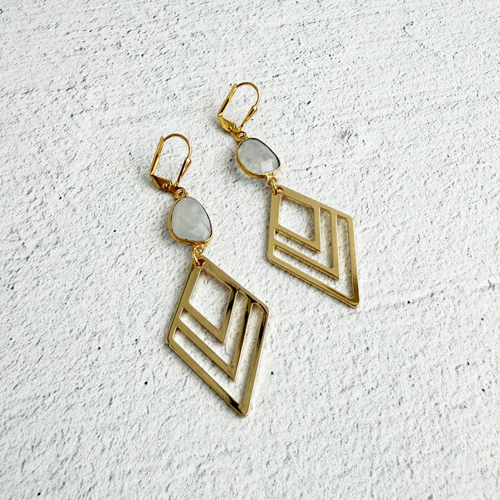 Moonstone and Layered Diamond Statement Earrings in Gold