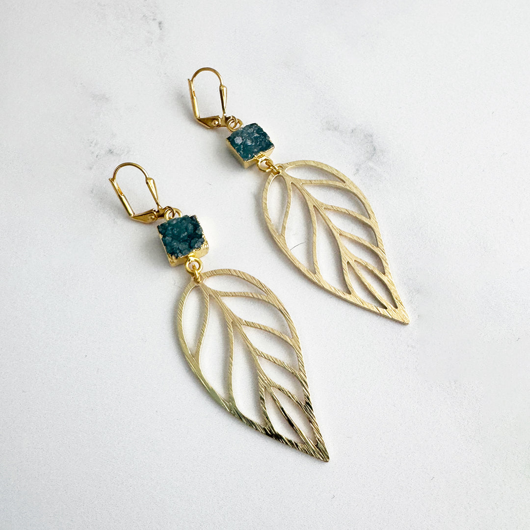 Ocean Blue Druzy Leaf Statement Earrings in Brushed Gold