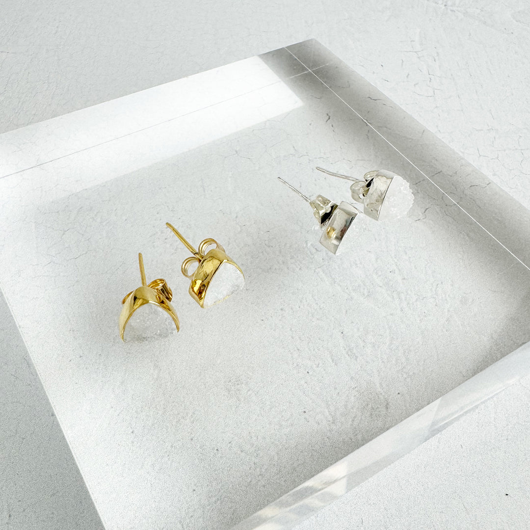 White Druzy Triangle Stud Earrings in Gold and Silver