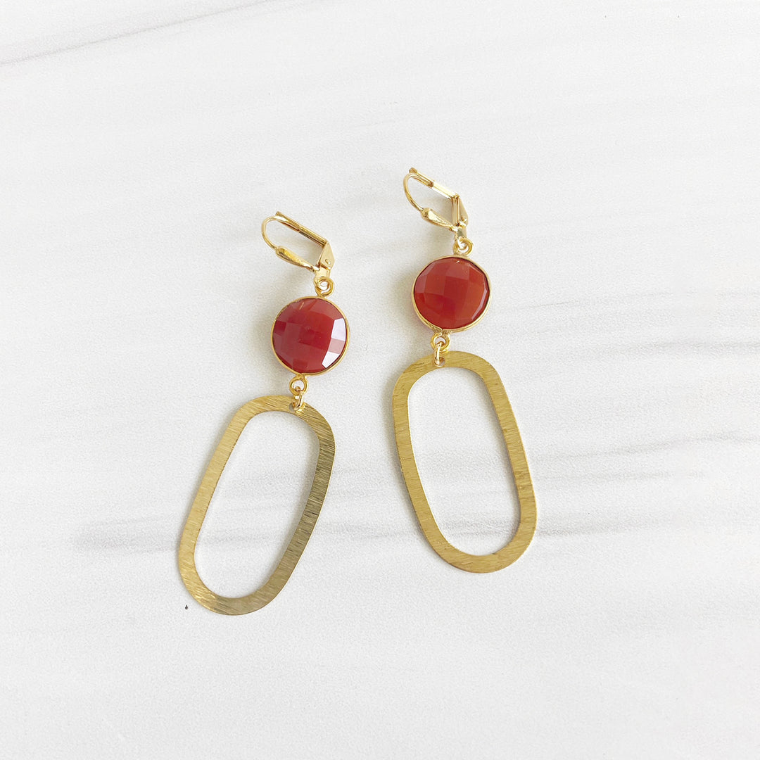 Carnelian Statement Earrings with Brushed Gold Oval Pendants