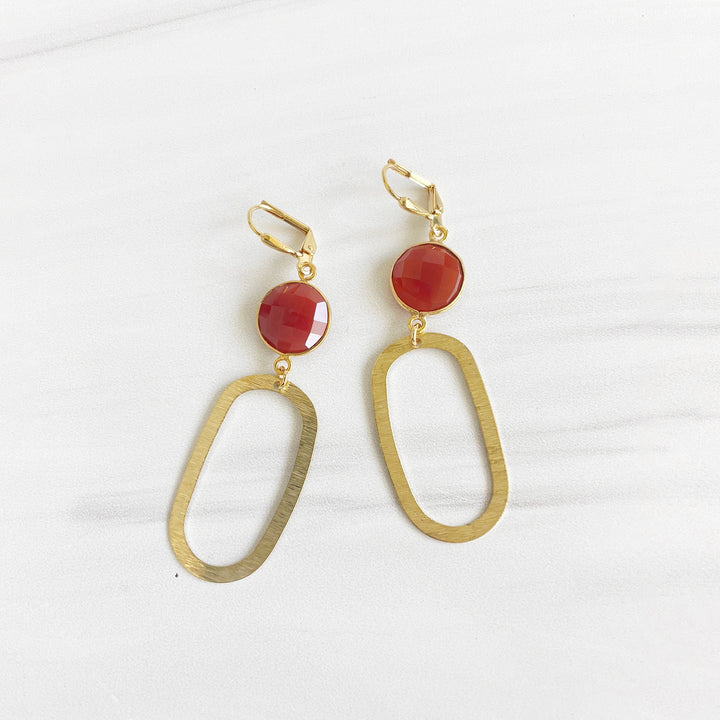 Carnelian Statement Earrings with Brushed Gold Oval Pendants