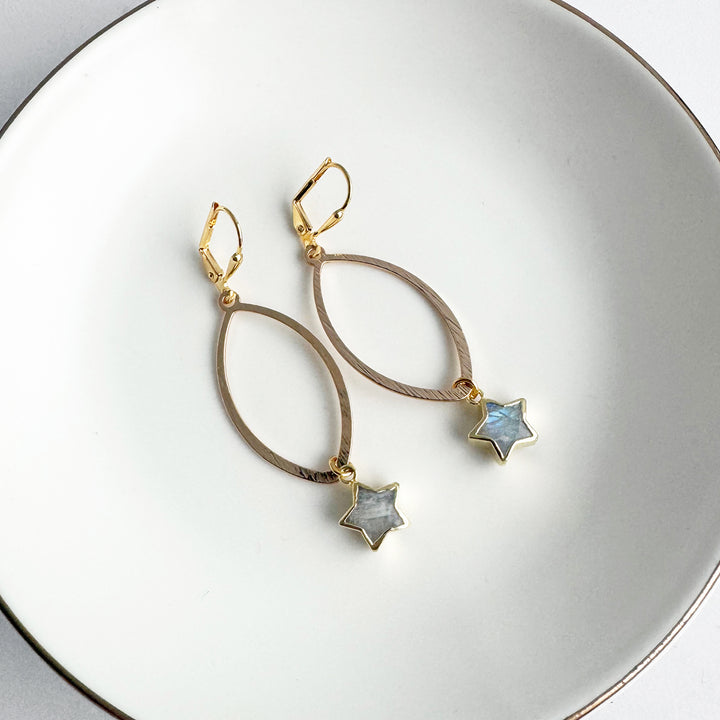 Moonstone Star Marquise Dangle Earrings in Brushed Gold