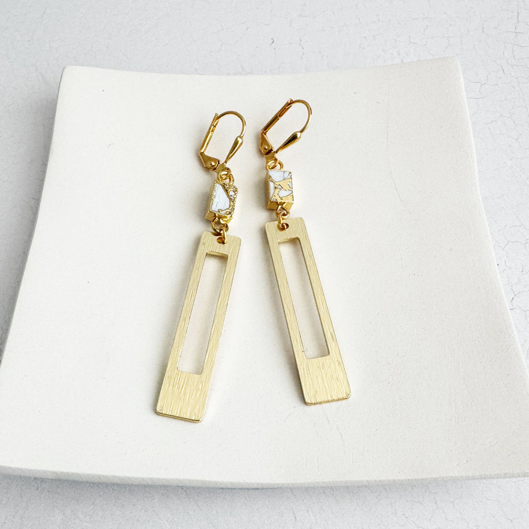 White Mojave Rectangle Dangle Earrings in Brushed Gold