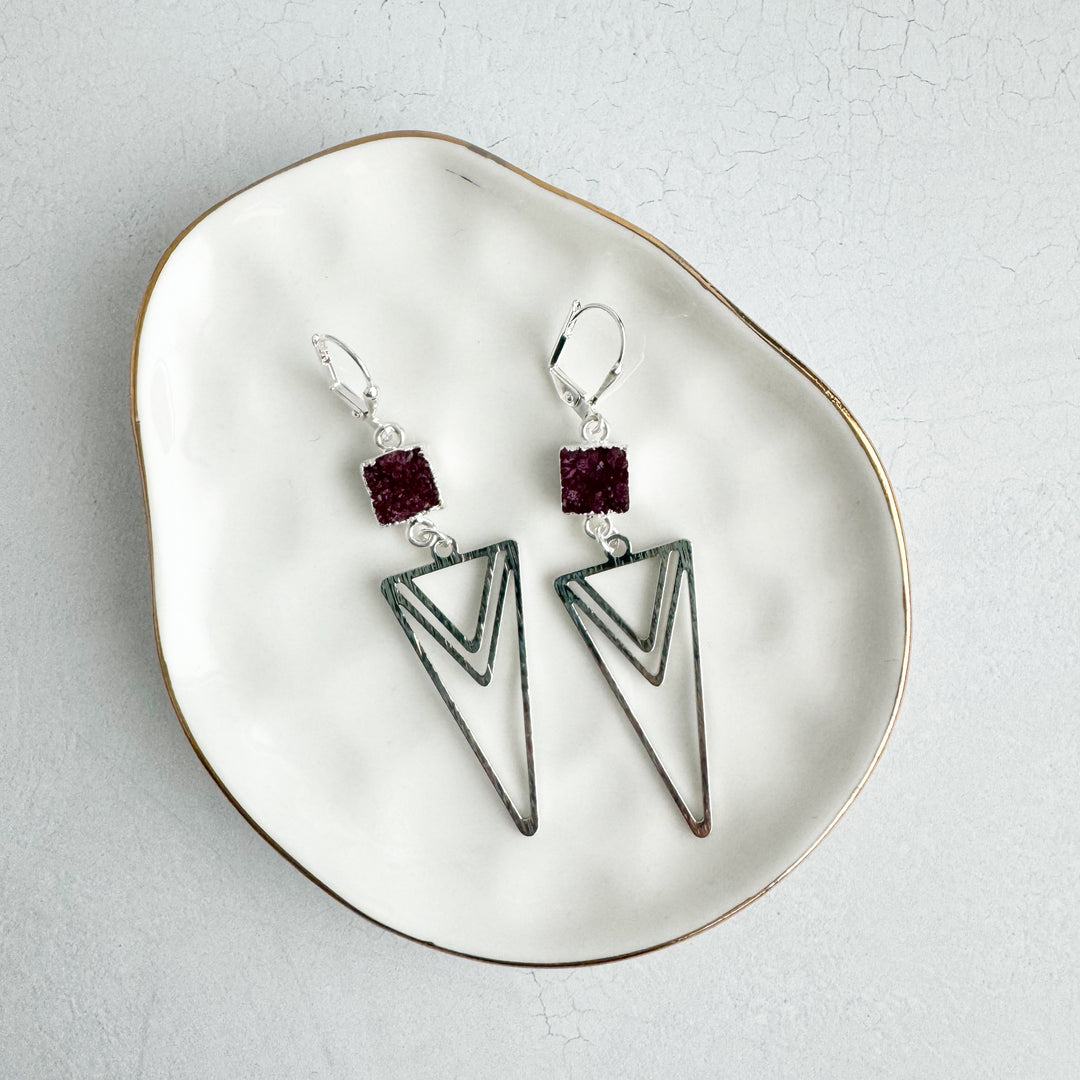 Burgundy Druzy and Layered Triangle Earrings in Brushed Silver or Gold