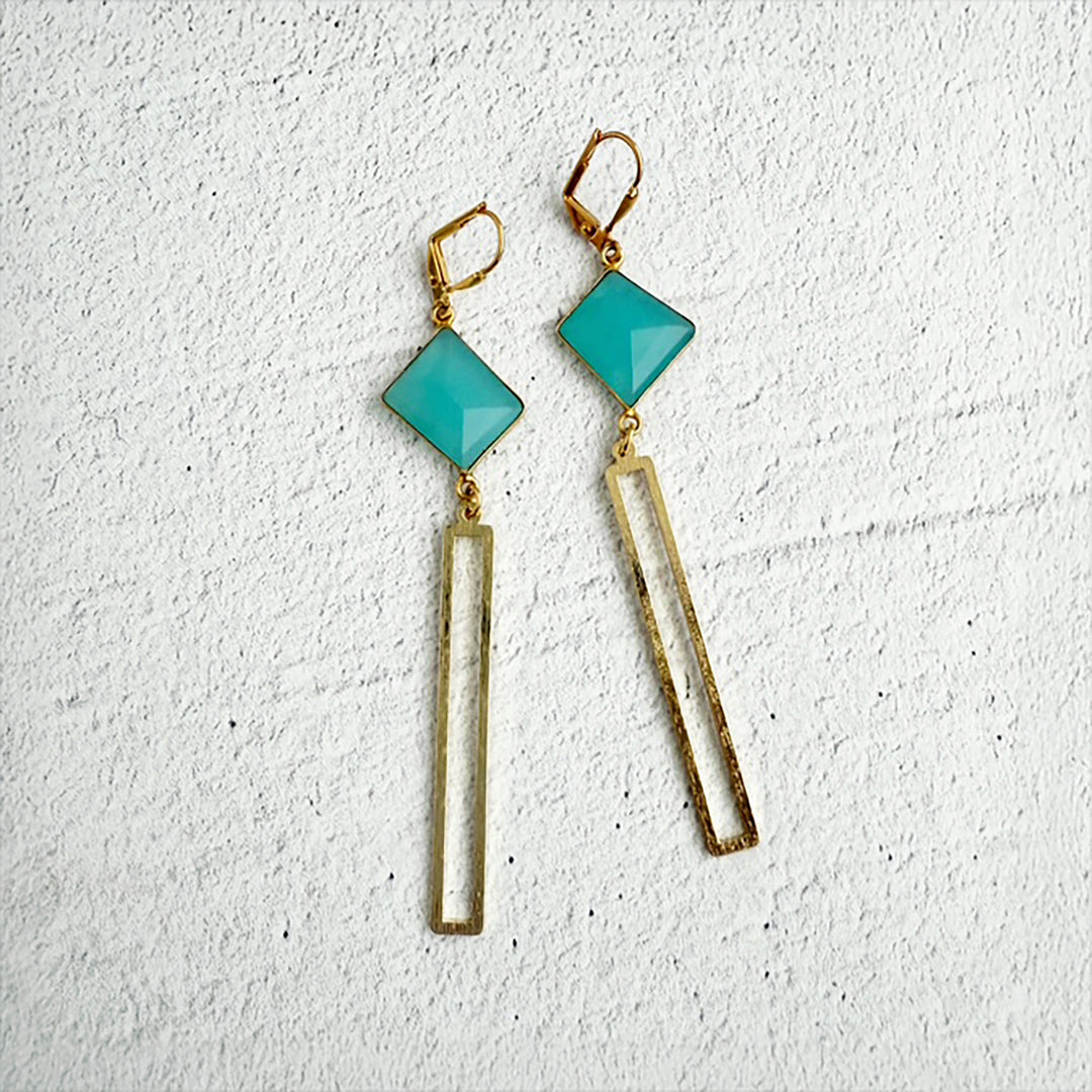 Aqua Chalcedony Rectangle Dangle Earrings in Brushed Gold