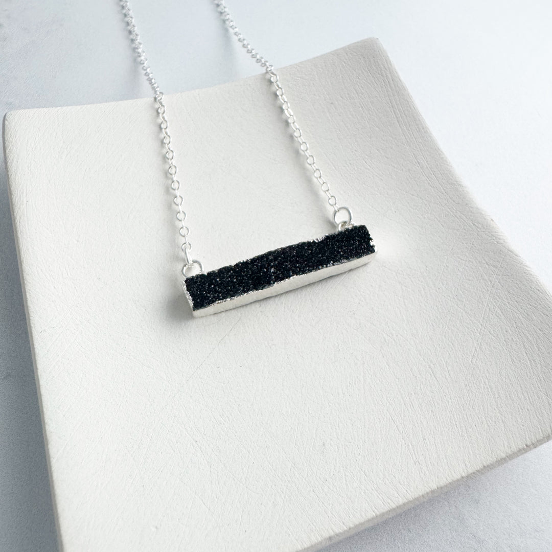 Black Druzy Bar Necklace. Thin Black Druzy Bar Necklace in Sterling Silver