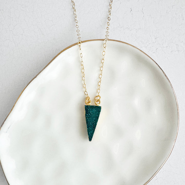 Green Druzy Triangle Necklace in Gold