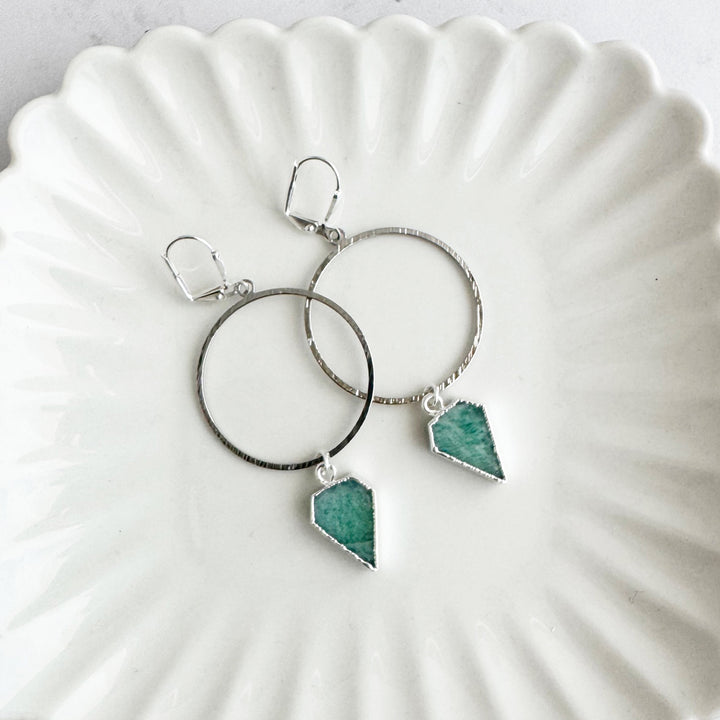 Amazonite Shield Stone Hoop Earrings in Brushed Silver