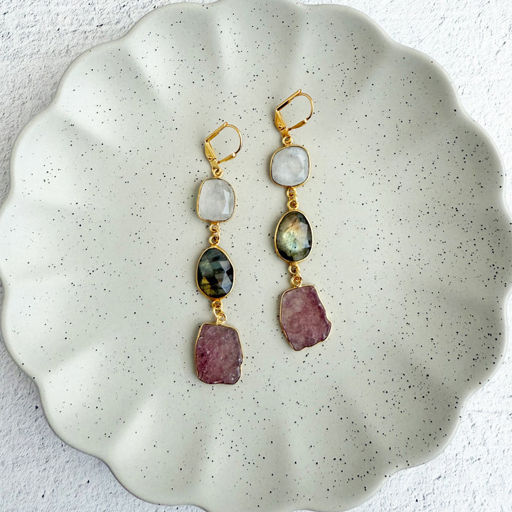 Long Freeform Gemstone Drop Earrings in Gold with Moonstone, Labradorite and Strawberry Quartz