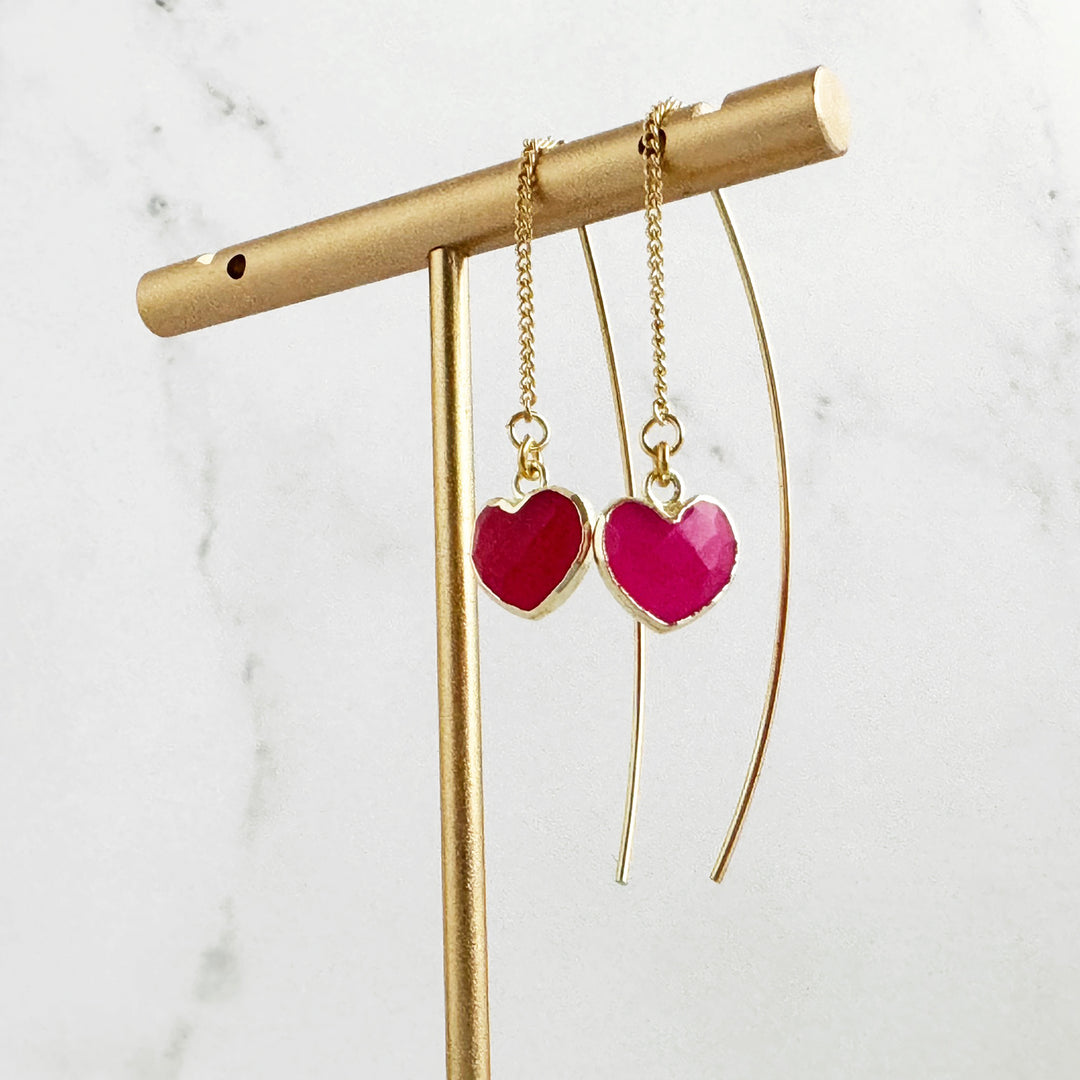 Fuchsia Heart Drop Chain Earrings in Gold