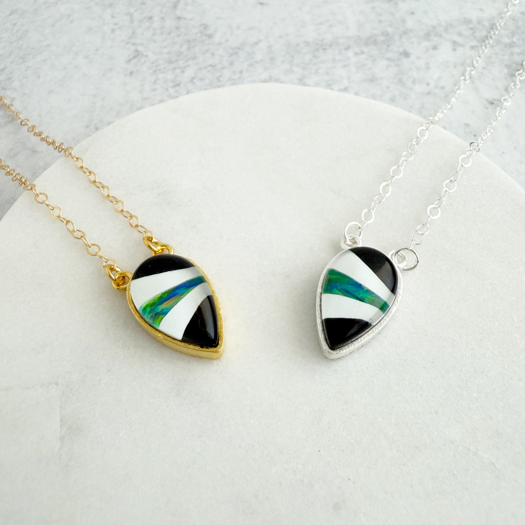 Black Quartz and Opal Inverted Teardrop Bezel Necklace