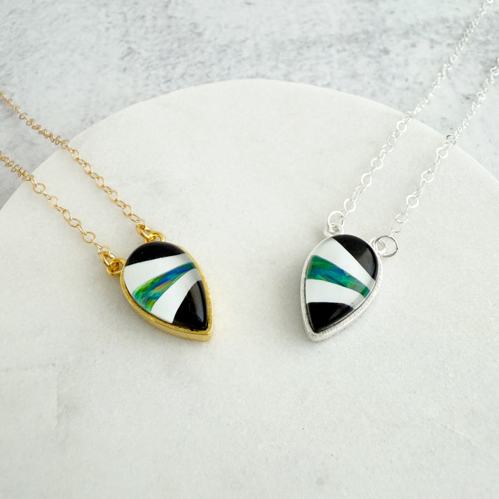 Black Quartz and Opal Inverted Teardrop Bezel Necklace