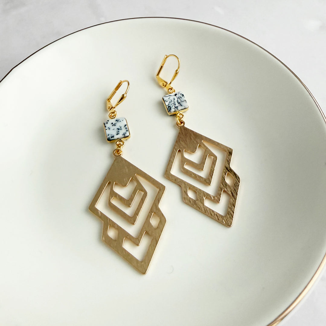 Dendrite Opal Celtic Dangle Earrings in Brushed Gold
