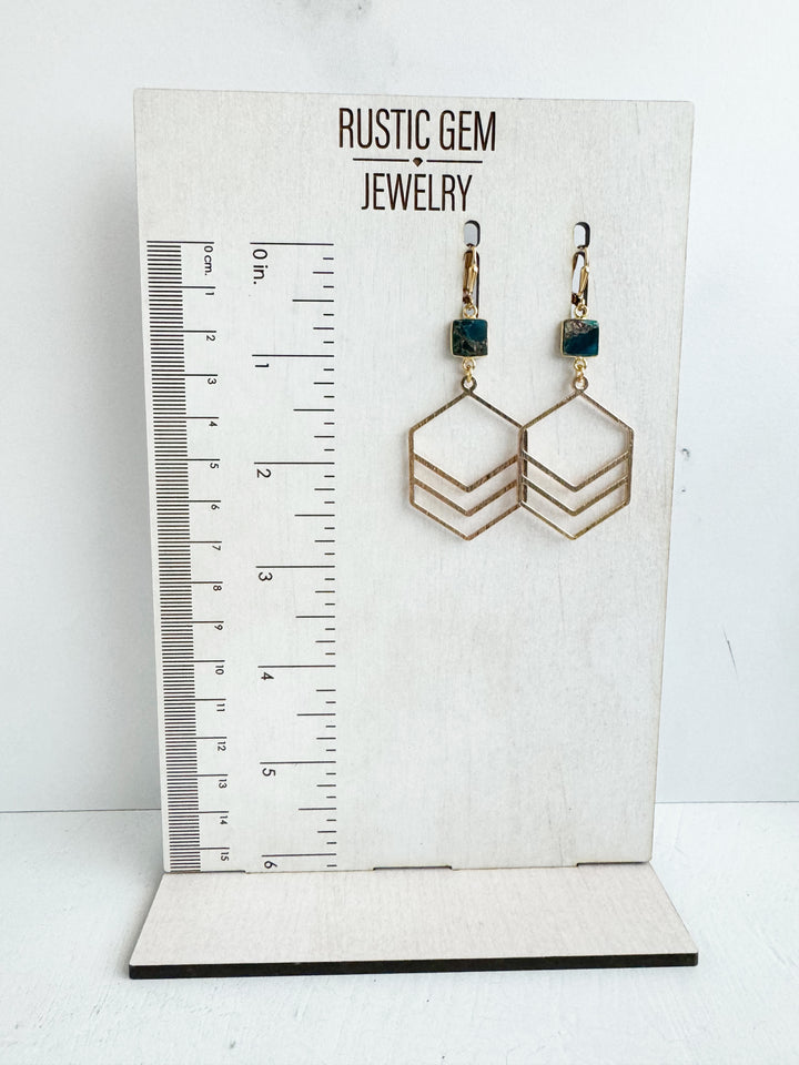 Double Hexagon Earrings with Teal Mojave Stones in Brushed Gold and Silver