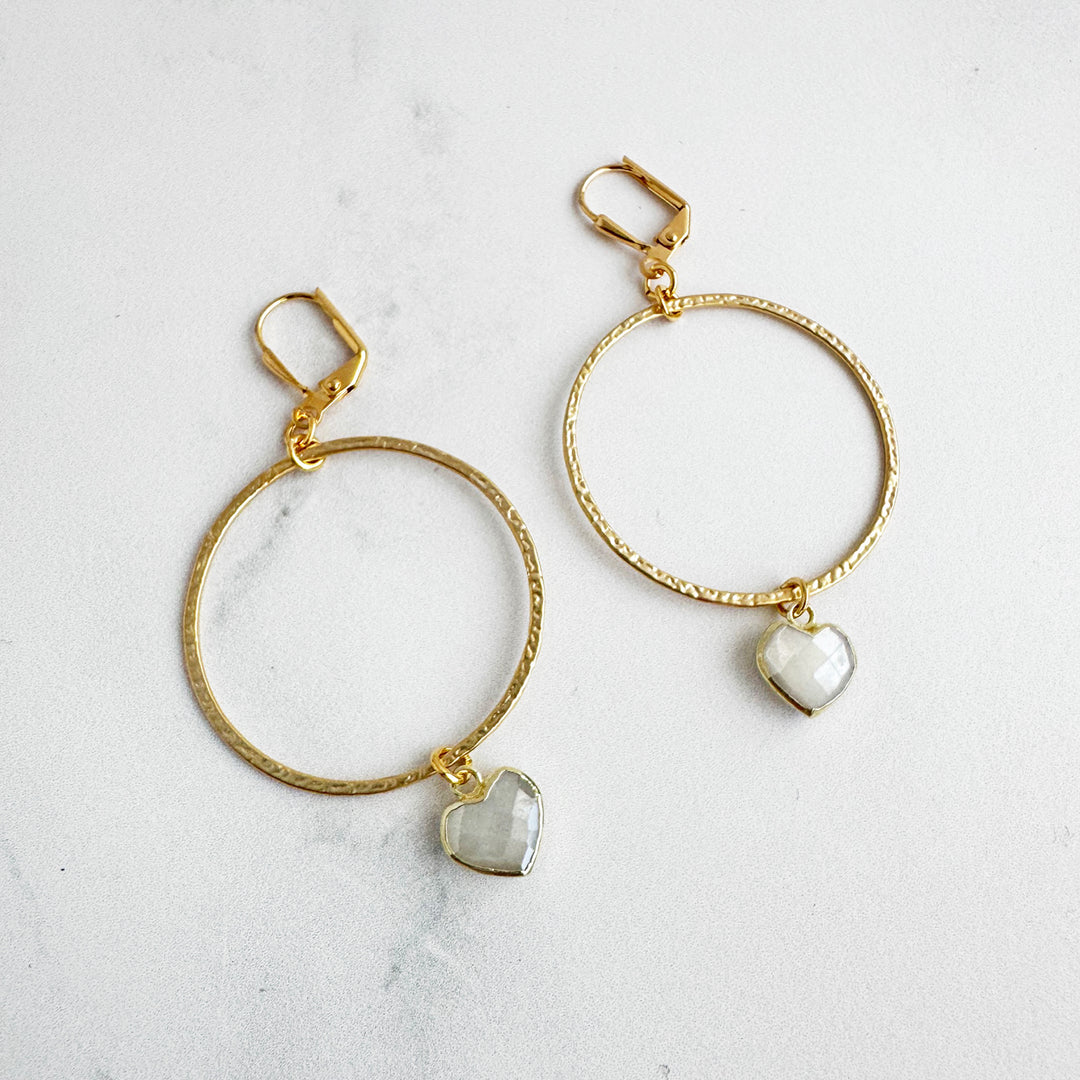 Moonstone Heart Dangle Hoop Earrings in Brushed Gold