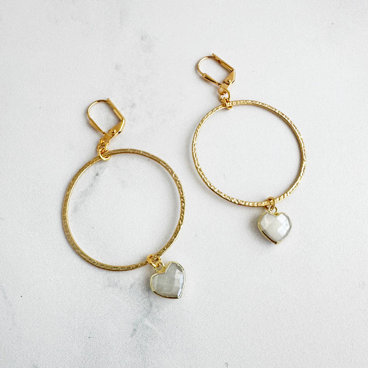 Moonstone Heart Dangle Hoop Earrings in Brushed Gold