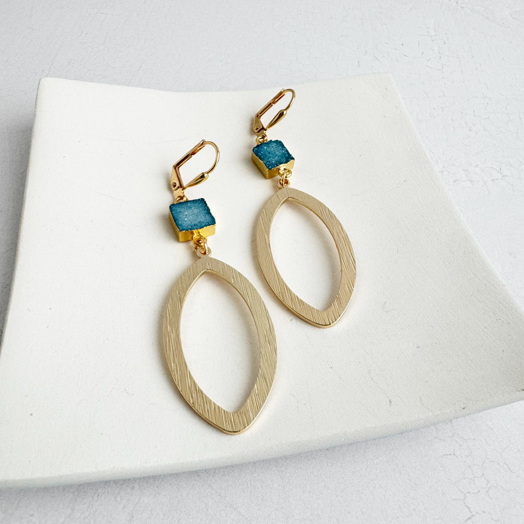 Ocean Blue Druzy Marquise Dangle Earrings in Brushed Gold