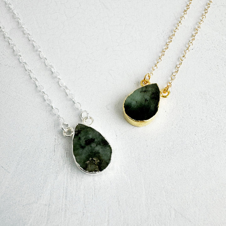 Raw Emerald Teardrop Necklace in 14k Gold Filled and Sterling Silver