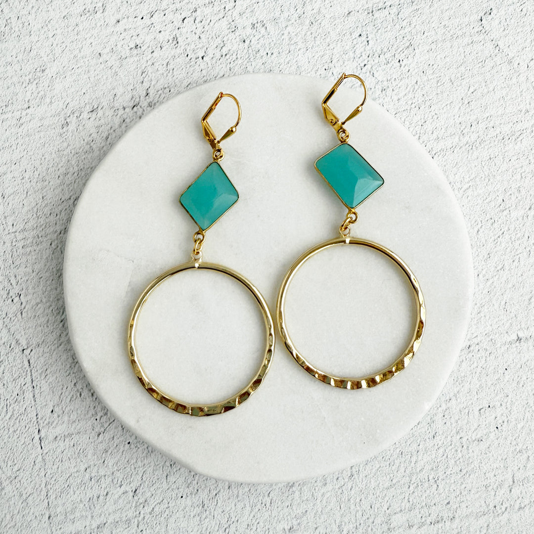 Aqua Chalcedony Hoop Earrings in Hammered Gold