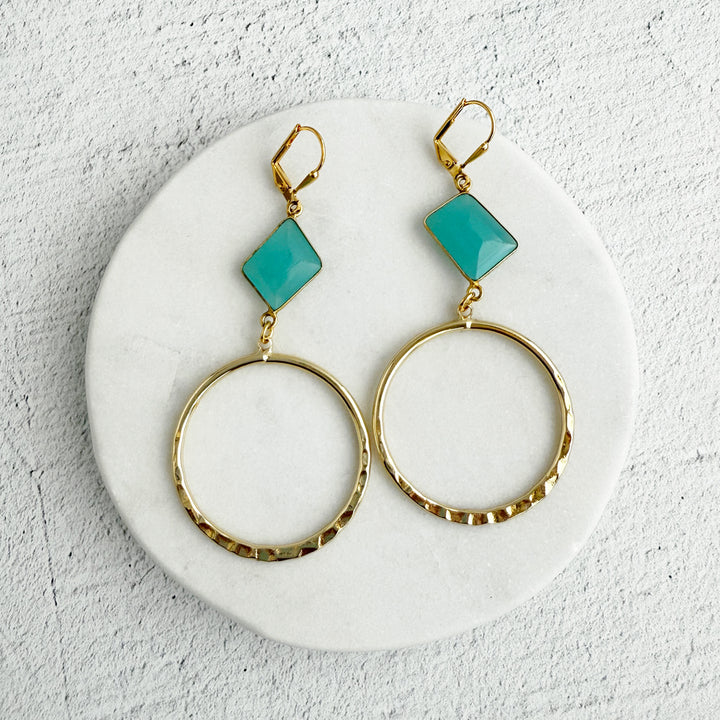 Aqua Chalcedony Hoop Earrings in Hammered Gold