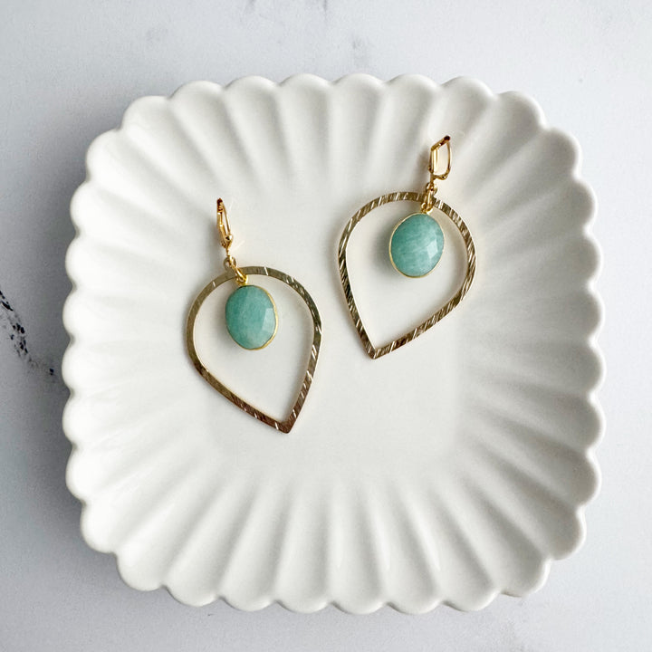 Amazonite Stone and Brushed Gold Inverted Teardrop Statement Earrings