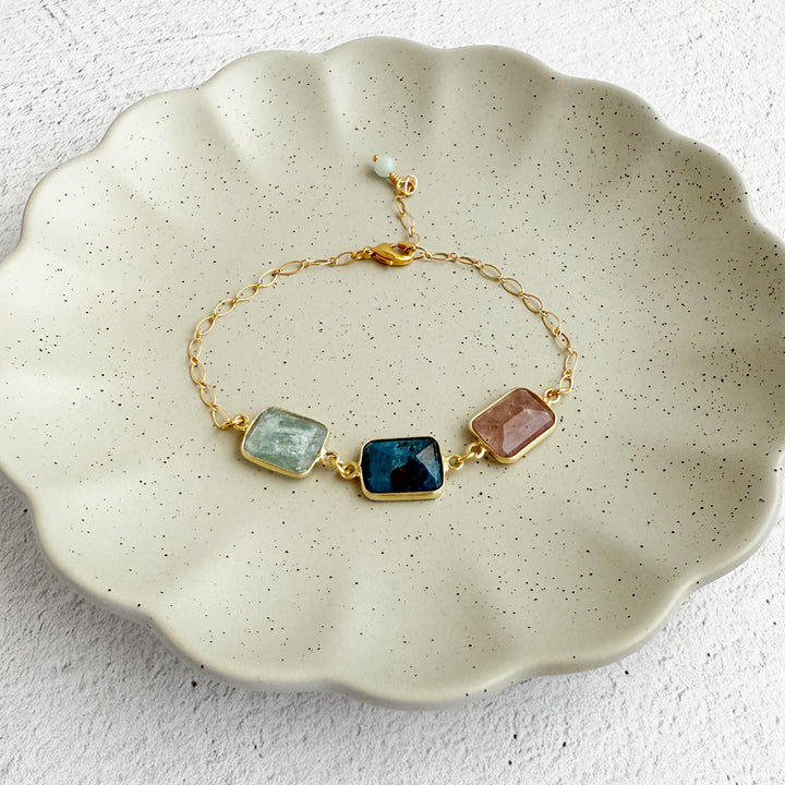 Triple Jewel Bracelet in Gold with Strawberry Quartz, Aquamarine and Ruby Zoisite