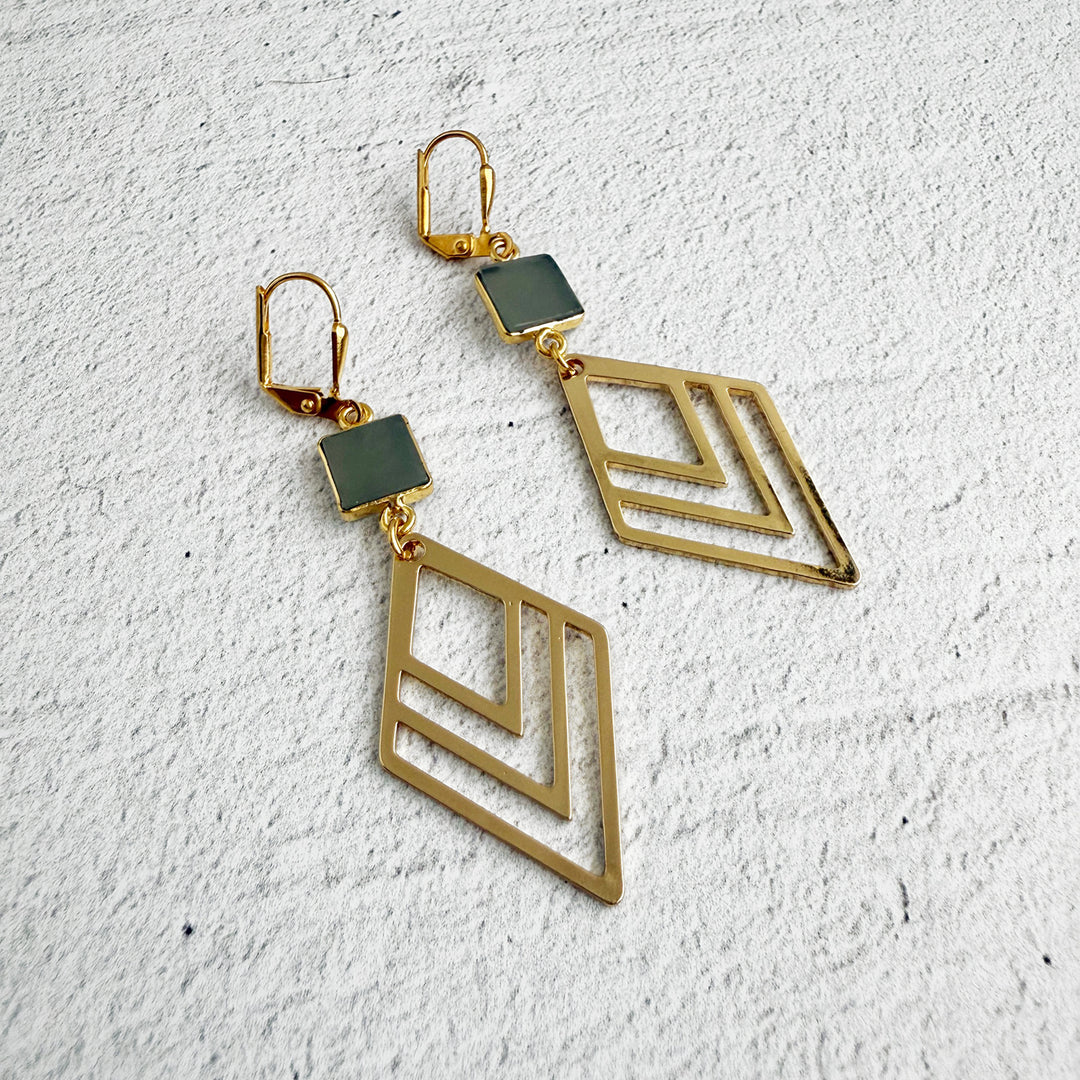 Gray Chalcedony and Layered Diamond Statement Earrings in Gold