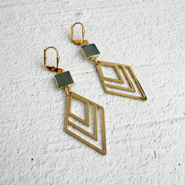 Gray Chalcedony and Layered Diamond Statement Earrings in Gold