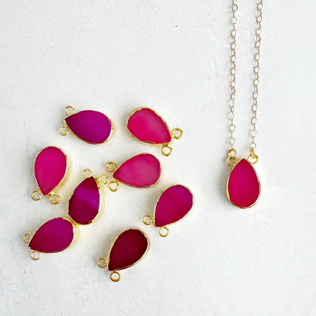 Fuchsia Chalcedony Teardrop Necklace in Gold and Silver