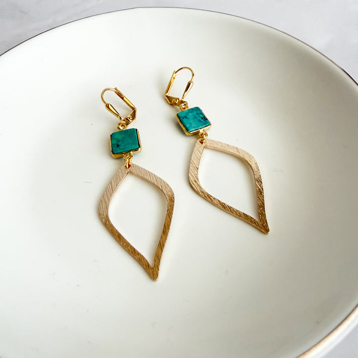 Tibetan Turquoise Halo Drop Dangle Earrings in Brushed Gold