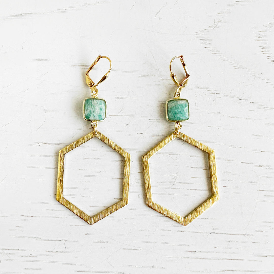 Amazonite Stone Hexagon Statement Earrings in Brushed Brass Gold