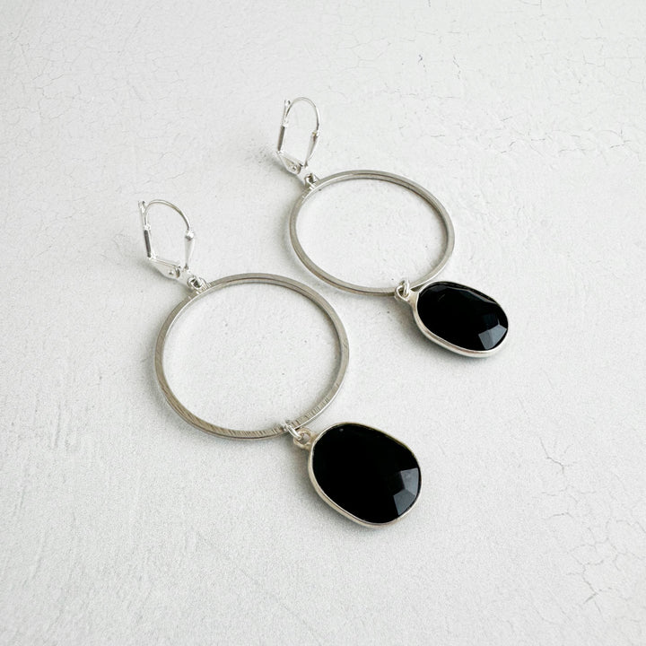 Black Onyx Hoop Dangle Earrings in Brushed Silver