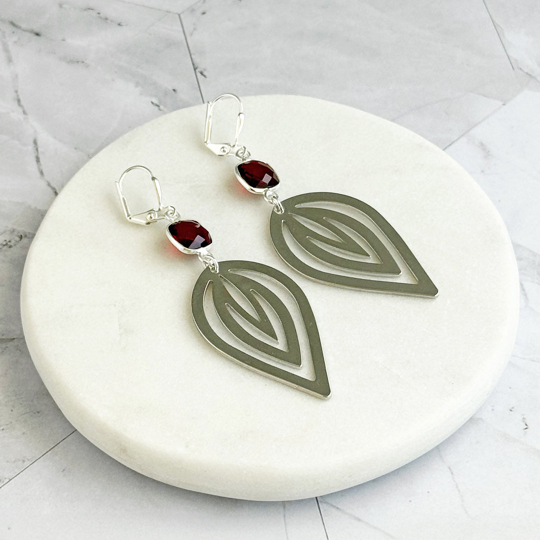 Garnet and Inverted Lotus Statement Earrings in Silver