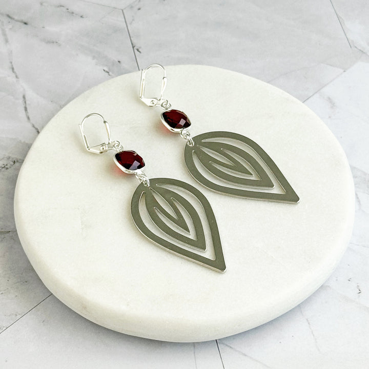Garnet and Inverted Lotus Statement Earrings in Silver