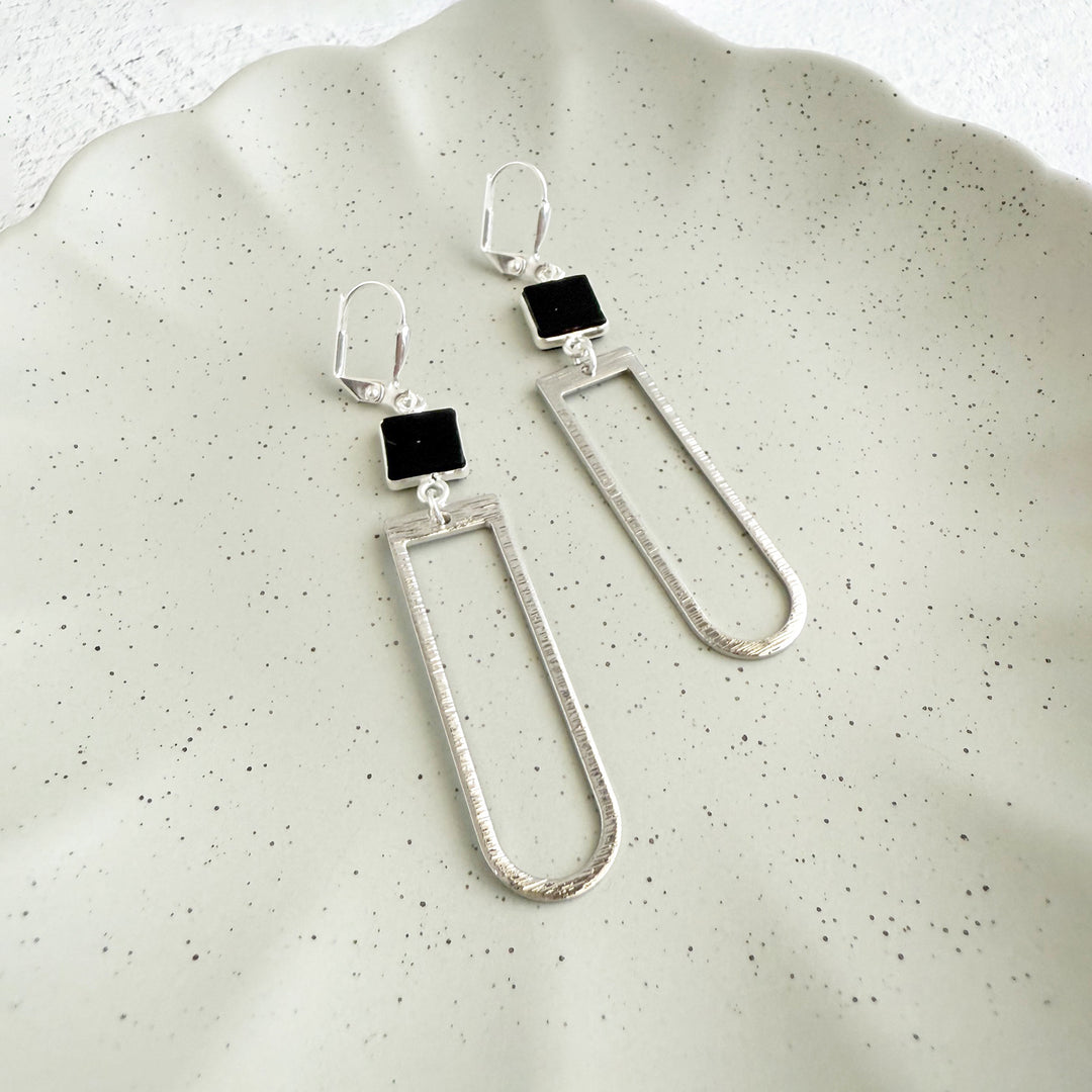Black Onyx Horseshoe Dangle Earrings in Brushed Silver